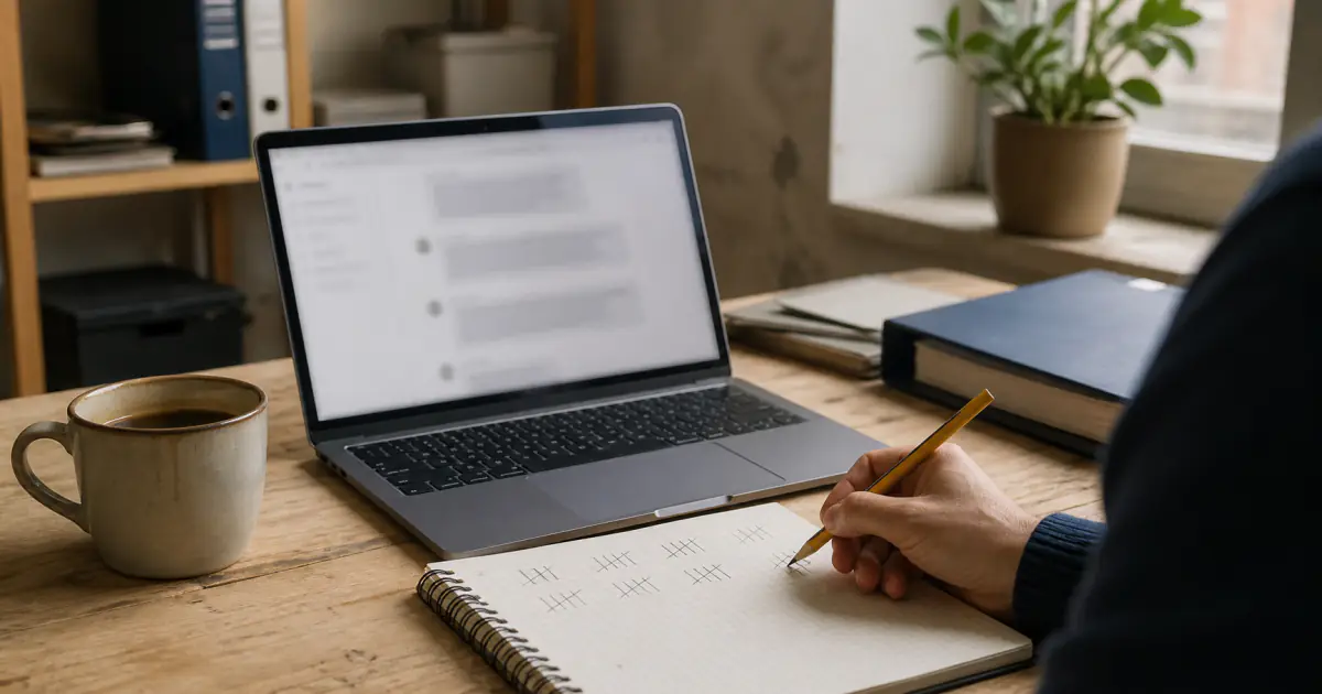 Laptop z oknem rozmowy i notes z wynikami testów widoczności firmy
