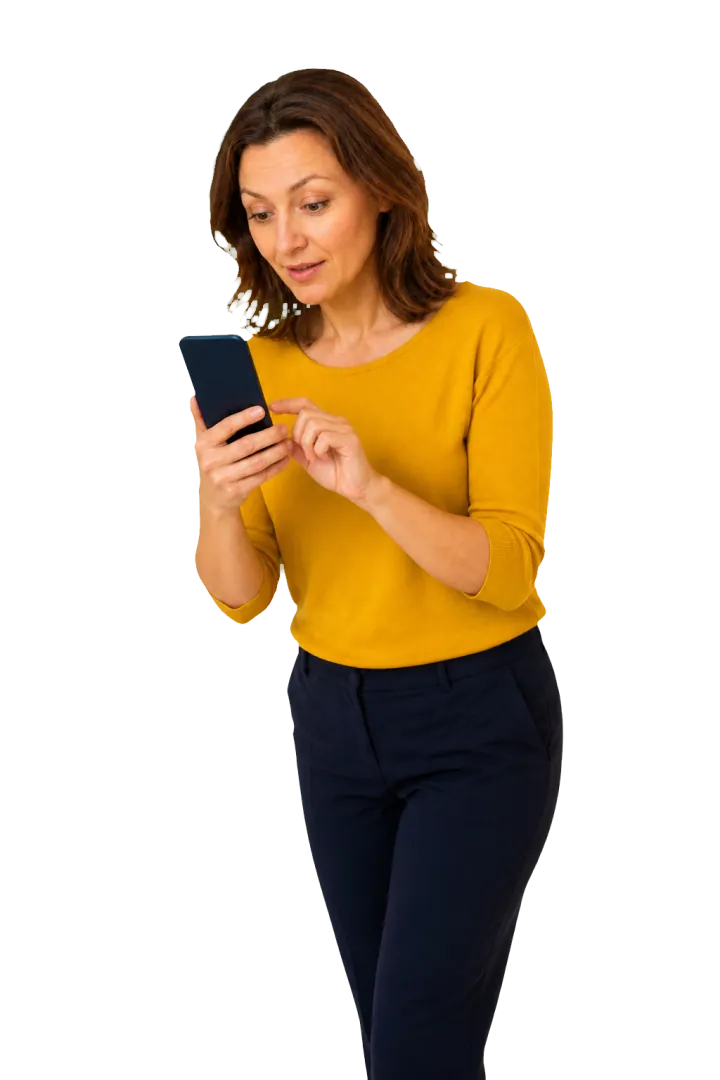 Kobieta z uwagą wybiera treść na ekranie telefonu.