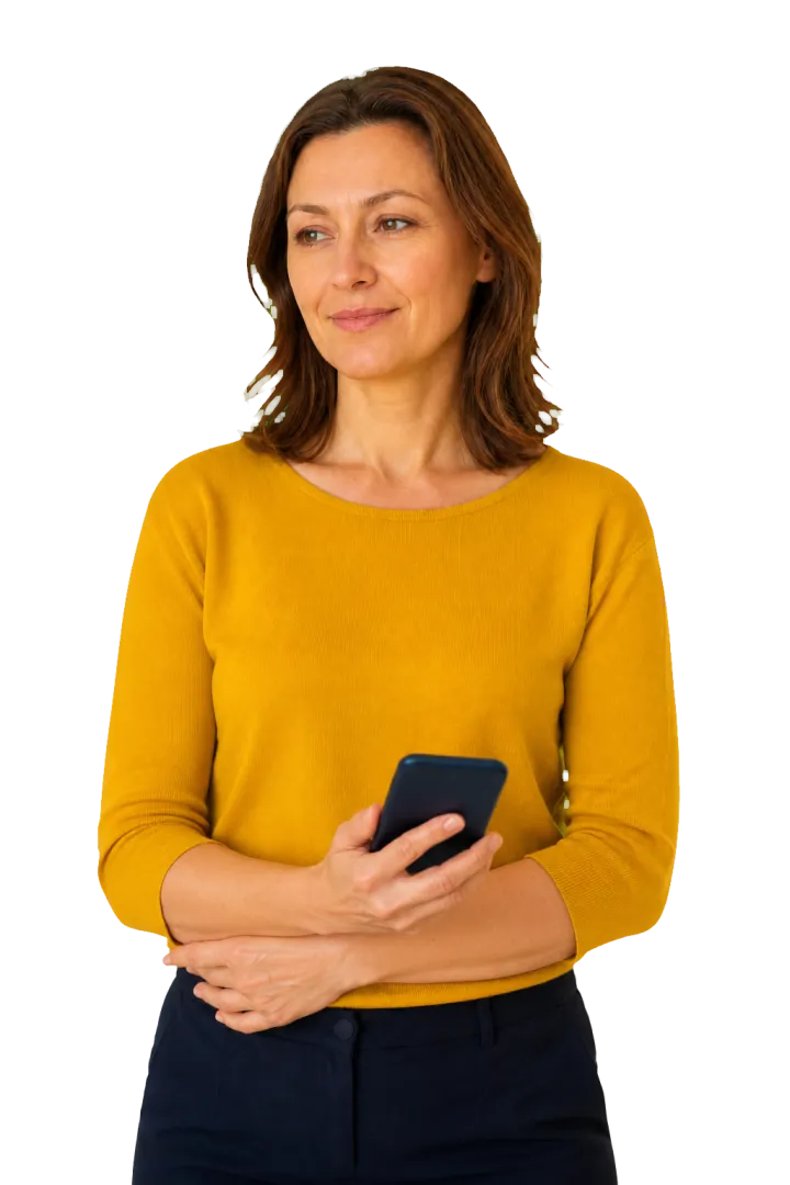 Kobieta z uśmiechem spogląda znad opuszczonego telefonu.